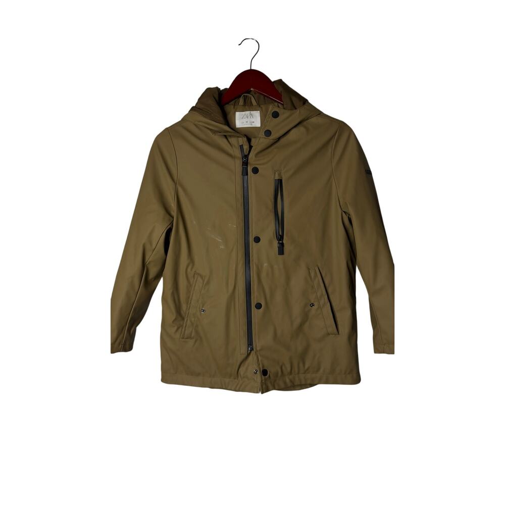 Zara unisex hooded tan full zip raincoat sz 10